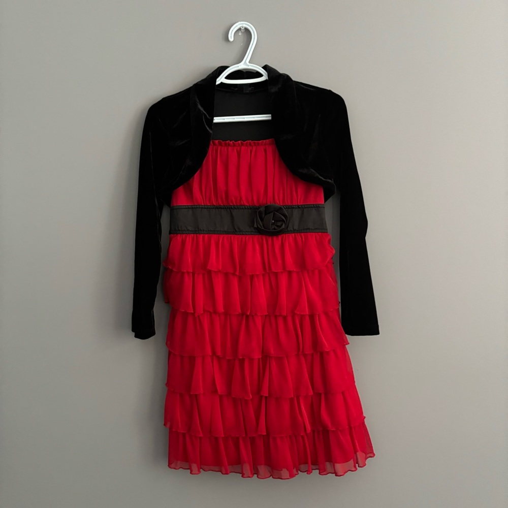 My Michelle Size 14 Red and Black Kids Ruffled Long Sleeve Formal Dress